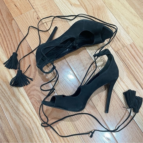 SCHUTZ Black Suede Lace Up Tassel Ankle Wrap Open Toe High Heel Yassu Sandals 10 - Picture 3 of 9